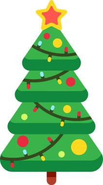 Renkli ışıkları ve takıları olan stilize edilmiş yeşil noel ağacı ve üstünde kırmızı ve sarı bir yıldız, Noel ve kış tatillerini kutluyor.
