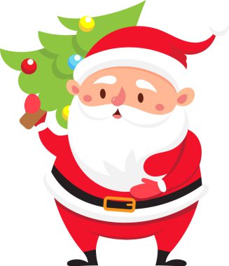 Çizgi film Noel Baba, Noel ağacını sevinçle taşır, simgesel kırmızı kostümünü giyer, bayram neşesi yayar ve bu sezonun şenlik ruhunu yayar.