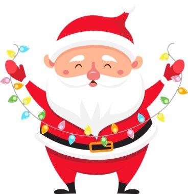 Geleneksel kırmızı elbisesini giyen Noel Baba neşeli bir şekilde Noel arifesi kutlamalarına neşeli bir ifadeyle hazırlanıyor.