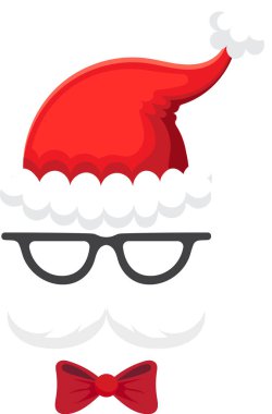 Noel illüstrasyonunda hippi bir Noel Baba şık gözlükler, canlı kırmızı bir Noel Baba şapkası ve temiz beyaz arka planda şık bir kırmızı papyon var.