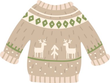 Yeşil ve beyaz ren geyiği ve köknar ağacı desenli sıcak bej Noel süveteri, kış tatili ve kutlamalar için mükemmel, şenlikli ve rahat bir atmosfer getiriyor.