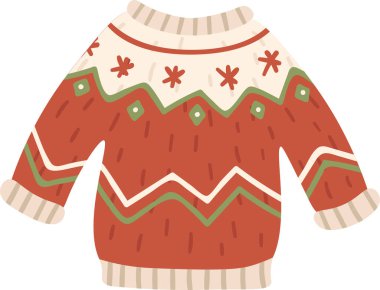 Kırmızı ve bej renkli süveter, yeşil ve beyaz süslemeler ve kar taneleri, tatil sezonu için mükemmel, rahat ve şen bir atmosfer getiriyor.