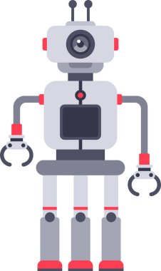 İleri teknoloji ve otomasyonu temsil eden, kamera gözü ve merkezi işleme ünitesinin yer aldığı, üç ayaklı, mekanik kollu ve pençeli gelecekçi robot.