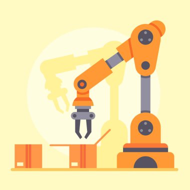 Turuncu robotik kol paketleme ürünleri, modern depo ve sanayi 4.0 konseptinde otomasyonu temsil eden montaj hattındaki karton kutulara konulacak.