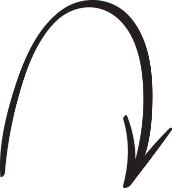 Basit ve koyu siyah el aşağıya doğru eğimli ok çizilmiş, temiz beyaz arkaplan üzerine kurulmuş, çeşitli tasarım projeleri için ideal bir grafik unsuru olarak hizmet veriyor