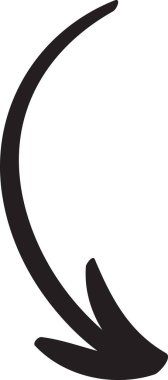 Basit, siyah, aşağı doğru eğimli ok, beyaz arkaplan üzerinde izole, çeşitli tasarım projeleri ve sunumlar için ideal