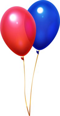 Kırmızı ve mavi balonlar altın kurdelelerle birlikte yüzüyor, neşeli ve neşeli bir görüntü yaratıyor kutlamalar ve mutlu durumlar için mükemmel.