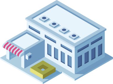 Modern izometrik bina bir tente, çatıda havalandırma sistemi, ve küçük bir ekici, çağdaş bir mimari tasarım yaratıyor.
