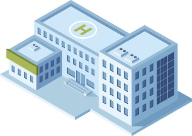 Helikopter pisti, birden fazla tıp departmanı ve idari ofislerin yer aldığı, kapsamlı sağlık altyapısını gösteren modern bir hastane kompleksinin farklı bir görüntüsü.