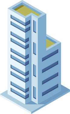 Modern gökdelen, birden fazla kat ve pencereye sahip, kentsel mimari ve gelişimi çağdaş bir tarzda temsil eden, izometrik projeksiyonla ayakta duruyor.