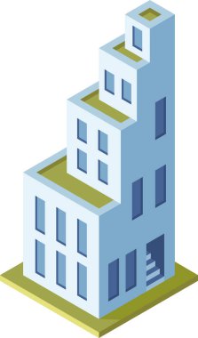 Çatı terasları, pencereleri ve şehir mimarisi ve sürdürülebilir tasarımı temsil eden bir merdiven girişi bulunan modern izometrik bina