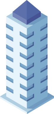 Çarpıcı mavi piramit çatısına sahip modern gökdelen, izometrik bir manzarada yükselen, kentsel mimarinin özünü somutlaştıran ve canlı bir iş merkezi kavramını somutlaştıran