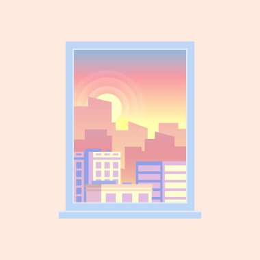 Yeni bir günün özünü yakalayan minimalist ve pastel renkli bir vektör çiziminin yer aldığı, bir pencereden genel şehir manzarasını aydınlatan sıcak renkli bir gün doğumu.