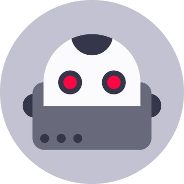 Parlak kırmızı gözleri ve gri gövdesi olan, yapay zekayı ve gelişmiş teknolojiyi sembolize eden, gri dairesel arka plan üzerine kurulmuş, stilize edilmiş robot kafası.