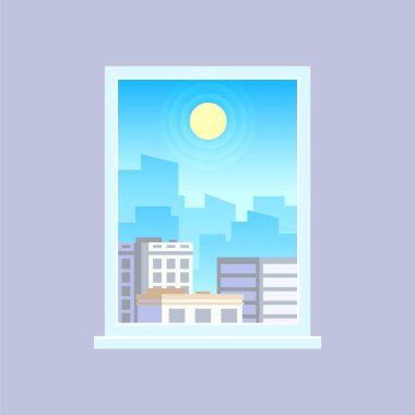 Şehre tepeden bakan pencere mavi gökyüzünde parlayan güneşle gökyüzü modern binalar ve barışçıl atmosferle kentsel manzarayı gözler önüne seriyor.