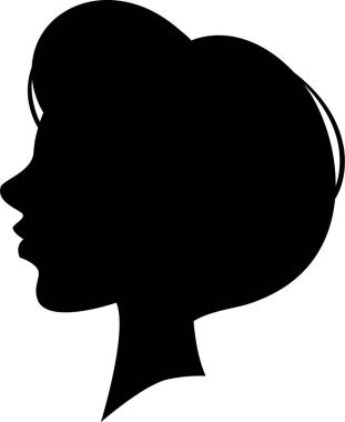 Siyah siluet bir kadın profili, zarif saç stili solda, beyaz bir arka planda soyutlanmış, güzellik, moda ve tarzla ilgili kavramlar için ideal.