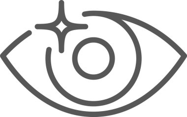 Işıltılı, iyi bir görüşü, sağlığı ve göz doktorluğunu simgeleyen, temiz beyaz bir arkaplan üzerine kurulmuş basit bir göz çizimi.