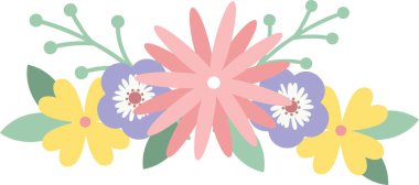 Pastel renkli çiçekler ve yapraklar bir bukette sergilenerek, bahar veya yaz temaları için ideal, temiz beyaz bir arka plana karşı neşeli ve canlı bir çiçek aranjmanı oluşturulur.