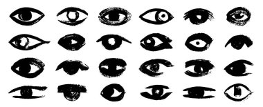 Gözlerinizi fırçalayın. Göz yuvarları soyut karalama koyu göz simgeleri fırça, klasik geometrik Yunan ezoterik sembolleri, modern sevimli retro elementler ile oluşturuldu. Vektör izole edildi.