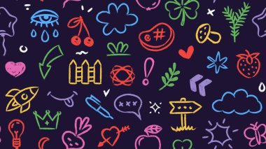 Kömür karalama deseni. Kusursuz çocuk baskısı şehir tebeşiri çocuk unsurları, çocuksu dokunuşlarla çizilmiş şakacı grafiti dokusu. Vektör soyut kümesi.