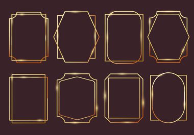 Geometrik lüks çerçeveler. Basit soyut şekillerle modern altın çizgisel sınırlar, zarif minimalist dekoratif elementler. Vektör koleksiyonu.