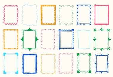 Sevimli çocuk karalama çerçeveleri. Çizgi filmlerdeki çocuksu dekoratif fotoğraf çerçeveleri, elle çizilmiş oval kare dikdörtgen şekilli çizgiler. Vektör izole edildi.