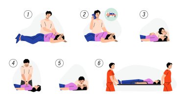 Kalp masajı. Tıbbi kardiyopulmoner resüsitasyon işlemi, önce hayat kurtarıcı sağlık görevlilerinin bilgilerini, göğüs sıkıştırma acil tıp prosedürünü kurtarır. Vektör illüstrasyonu.