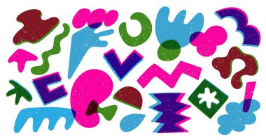 Soyut risograf şekilleri. Renkli rastgele karalama geometrik figürler, modern çocuksu riso grafik öğeler farklı dokular. Vektör izole edildi.