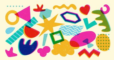 Geometrik risograf formları. Yarım tonlu, soyut, ilkel şekiller, modern Bauhaus gaddarlığı figürleri. Vektör grafik kümesi.