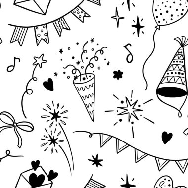 Karalama çizgisi parti modeli. El yapımı kutlama unsurlarının kusursuz baskısı, çizilmiş doğum günü balonları çelenkler, çelenkler müzik notaları. Vektör dokusu.