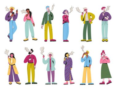 Sigara tiryakisi. Çizgi filmde sigara içen erkek kadın karakterler, sigara içmeyenlerin yanında kötü tütün bağımlılığı olan genç ve yetişkin insanlar. Vektör tüttürücüleri izole edildi.