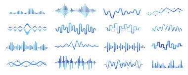 Ses podcast ses dalgası. Müzik şarkısı dalga formu, radyo yayını ses kaydı, dengeleyici eğri titreşim, ses titreşim seviyesi. Vektör izole edildi.