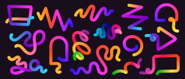 Gradyan çizgi şekilleri. Akışkan renkli soyut dalgalı kurdele kıvrımları, hareketli dinamik kıvrımlar ve eğimli spiral dalgalanan elementler. Vektör koleksiyonu.