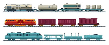 Mal eğitimi. Platformlu demiryolu nakliye lokomotifi, kargo konteynerleri demiryolu nakliye malları, nakliye ve teslimat için tren vagonları. Vektör izole edildi.