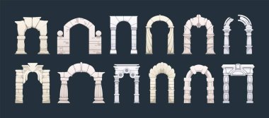 Roma kemeri. Antik sütun ve taş kapı mimarisi elementleri sütunları, klasik mermer taş kemer sütunları ve kemerler, rönesans inşa dekorları. Vektör izole edildi.