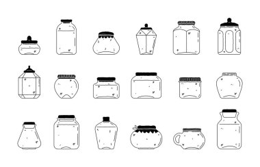 Çizgi karalama kavanozları. Ev yapımı reçel konserveleri için kapaklı şirin boş cam yiyecek kapları reçelli sebzeleri tatlı yiyecekler olarak korur. Vektör çizgisi kavanozu ayarlandı.