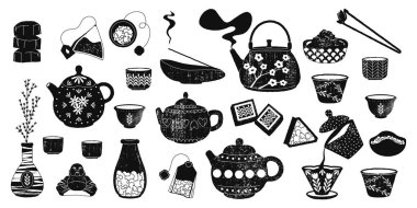 Siyah mürekkep çayı eskizi. Geleneksel çay seremonisi menüsü unsurları, Çin yapımı Asya çaydanlığı tepsisi kepçesi. Vektör izole edildi.