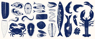 Deniz mahsulleri silueti. Balık ikonları farklı türler, tek renkli logo ahtapot karides yengeci ıstakoz midye midye deniz ürünleri deniz ürünleri deniz ürünleri menüsü. Vektör koleksiyonu.