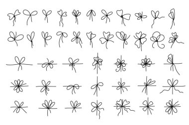 İp eğiliyor. Hediye kurdelesi en düşük karalama, hediye paketi için basit dekoratif kurdele yayı, düğüm ve kıvrımlı ince kurdele ipi. Vektör kurdeleleri izole edildi.