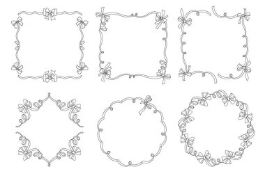 Baş çerçeve. Klasik kurdele sınırı, karalama dekoratif çerçeve, minimalist düğüm sınırları, düğün davetiyesi kurdeleli çerçeveler, Sevgililer Günü kutlaması. Vektör selamları.