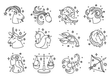 Zodiac mistik işaretleri. Astroloji burç dairesi sembolleri, takvim baskısı için mistik ay ezoterik simgeleri, astrolojik yuvarlak çizgi avatarları. Vektör seti.