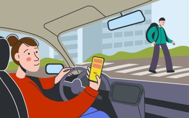 Dikkati dağılmış sürücü. Arabanın içinde araba süren bir kadın ve akıllı telefon kullanımı, tehlikeli cep telefonu bağımlılığı, araba iç mekanı. Vektör illüstrasyonu.