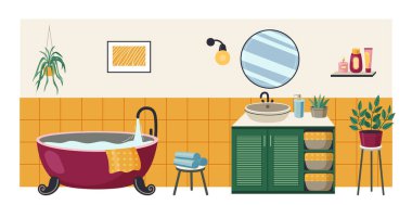 Ayna, lavabo, ev bitkileri, havlular ve hijyen malzemeleriyle dolu bir banyo, ev dekorasyonu moda renklerinde.