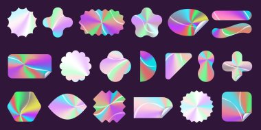 Holografik etiketler. Pul yapıştırmalı gerçekçi hologram gökkuşağı gradyan çıkartmaları, satılık parlak yanardöner rozetler, fiyat etiketi ve holografik ürün logosu tasarımı. Vektör seti.