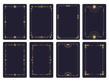 Tarot kartı çerçevesi. Gizemli astrolojik lüks elementlerle Geometrik süslemeli sınır, mistik esrarengiz tasarım, astroloji semavi konsept. Vektör çerçeve seti.
