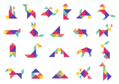 Tangram bulmacası. Renkli üçgen şekilli geometrik diseksiyon oyunu, çocuklar için soyut mantık mozaiği figürleri. Vektör tangramı izole edildi.