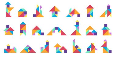 Tangram binaları. Geometrik çocuklar, renkli üçgen kare ve eşkenar dörtgen şekilli bulmaca oyunu, çeşitli elementlerin yaratıcı geometri yapısı. Vektör tangramı ayarlandı.