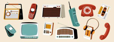 Retro cihazlar. 90 'ların modası geçmiş hipster teknoloji çıkartmaları, çizgi film telefonları, eski analog cihazlar radyo ve televizyon, elektronik cihazlar, cep telefonu ve oyun makineleri, kulaklık. Vektör aygıtları.