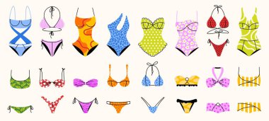 Bikini mayo. Kadın mayo, kadın plaj iç çamaşırı, moda çizgili mayo modelleri farklı stillerde. Yüzme kıyafetleri izole edildi.
