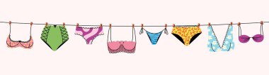 İpte kadın iç çamaşırı. Çizgi filmlerdeki renkli kadın iç çamaşırları sutyen, düz moda kadın iç çamaşırları çamaşır ipinde. Vektör çamaşır illüstrasyonu.